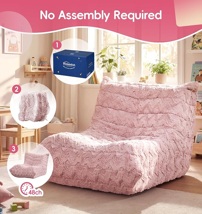 Hobestluk Small Bean Bag Chair Faux Fur Fabric BeanBag Couch for Playroom | Pink Chevron,Ergonomic Design,Memory Foam,Strong Supportive,No Assembly Required,Decorative Style for Living Room Bedroom