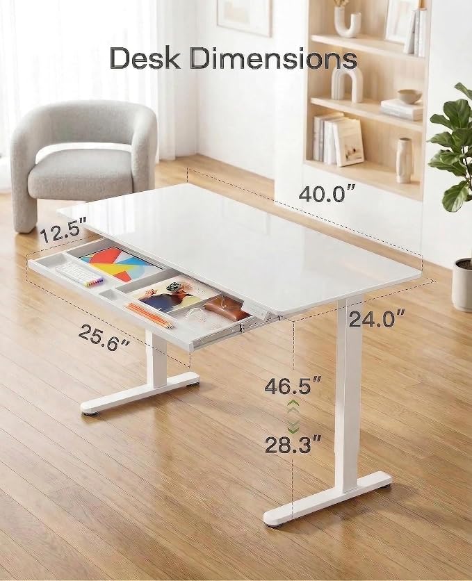 Marsail Glass Electric Standing Desk with Drawer, 40 x 24 Inches Height-Adjustable Desk, One-Piece Tempered Glass Top, Ergonomic Home Office Sit Stand Desk with 4 Preset Heights, White