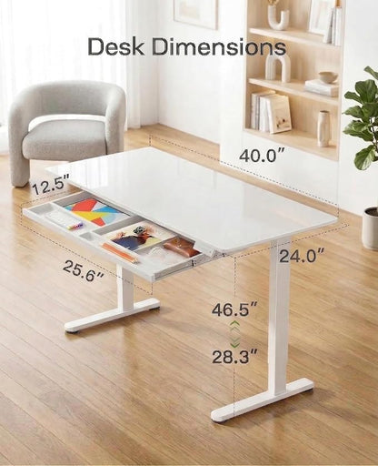 Marsail Glass Electric Standing Desk with Drawer, 40 x 24 Inches Height-Adjustable Desk, One-Piece Tempered Glass Top, Ergonomic Home Office Sit Stand Desk with 4 Preset Heights, White