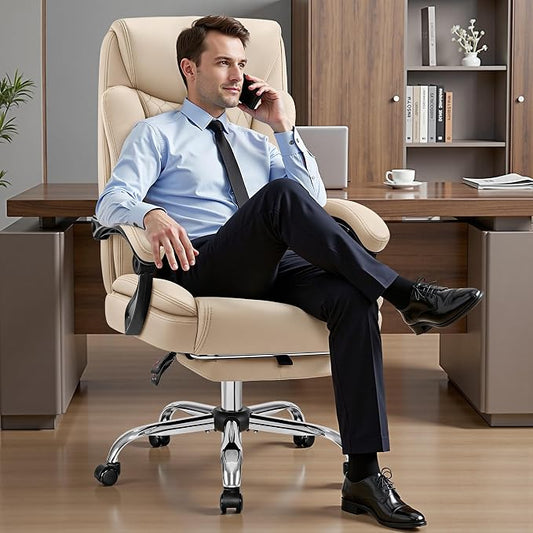 Big and Tall Office Chair 400lbs - Wide Memory Foam Seat with Lumbar Support, Reclining Executive Desk Chair with Footrest, Ergonomic Heavy Duty High Back Computer Chair, Khaki