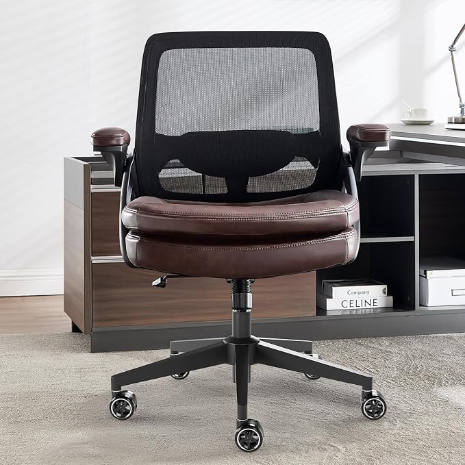 Big and Tall Office Chair, 500lbs Mesh Heavy Duty Ergonomic Desk Chair with Flip-up Armrests, Plus Size Wide Seat in PU Leather, 360 Swivel Computer Executive Task Chair for Home Office (Brown)