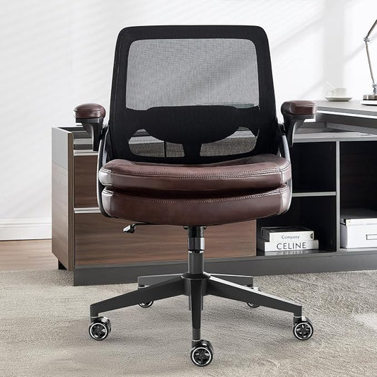 Big and Tall Office Chair, 500lbs Mesh Heavy Duty Ergonomic Desk Chair with Flip-up Armrests, Plus Size Wide Seat in PU Leather, 360 Swivel Computer Executive Task Chair for Home Office (Brown)
