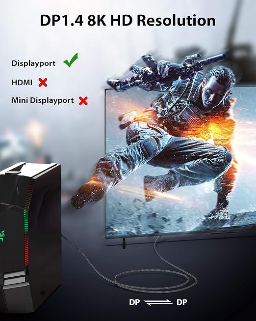 Maxonar 8K DisplayPort Cable 1.4, 2M (8K@60Hz, 4K@240Hz, 2K@144Hz) HBR3 High Speed DP to DP for PC, Laptop, TV Gaming Monitor - 2 Packs