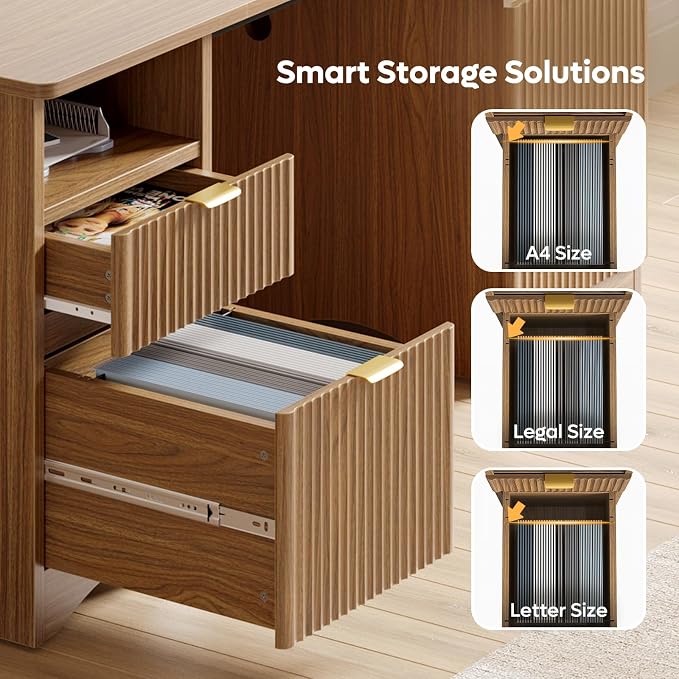 Bestier 59 inch Computer Desk with 2 Drawers, Office Desk with Storage File Cabinet and 2 Open Storage Shelves, Modern Fluted Executive Desk for Home Office Bedroom, Brown Oak