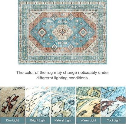 Lofus Vintage Living Room Rugs 5x7, Soft Machine Washable Area Rug for Bedroom Indoor Floor Home Office House Decor, Oriental Traditional Distressed Farmhouse Carpet, Boho Terracotta and Blue