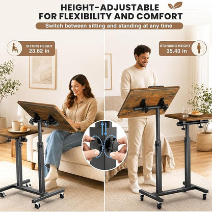 Elowen Double-Pole Portable Rolling Laptop Standing Desk with Wheels, Large-Size Tilting Overbed Bedside Table, Mobile Adjustable Height Computer Workstation for Office Home Use
