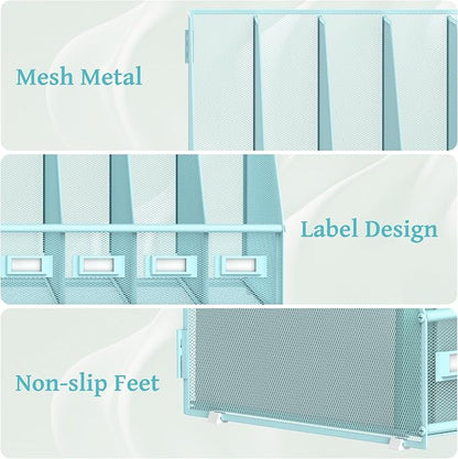 SUPEASY Desk Organizers Metal Desk Magazine File Holder with 5 Vertical Compartments Rack File Organizer for Office Desktop, Classroom, Home Workspace, Blue