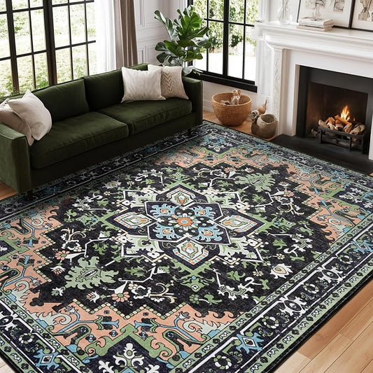 5x7 Area Rugs, Vintage Washable Area Rug for Living Room, Floral Boho Area Rugs for Bedroom, Office, Non-Slip Colorful Rug, Traditional Vintage Style, Plush Low-Pile Soft Carpet, Dark Green
