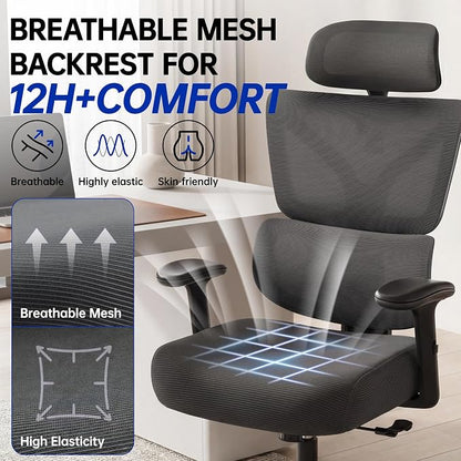 Ergonomic Office Chair, High Back Mesh Computer Chair with Comfortable Adaptive Lumbar Support, Built-in Coat Hanger, SGS Class 4 Gas Lift, Heavy Duty 300lbs for Long Hours Home Office