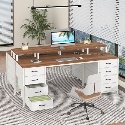 YOMILUVE 60 Inch Computer Desk with 8 Fabric Drawers, Gaming Desk with LED Lights & Power Outlets, Home Office Desk with Monitor Stand, Brown and White