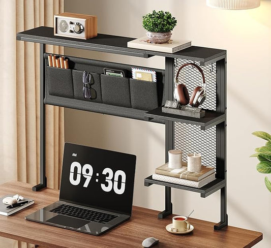 Clamp On Desk Shelf, 3-Tier Above Desk Extender with Pegboard & Hooks, Metal & Wooden Desktop Bookshelf & Organizer, Tabletop Storage Rack for Office Accessories, 38.3" W x 33" H, Black