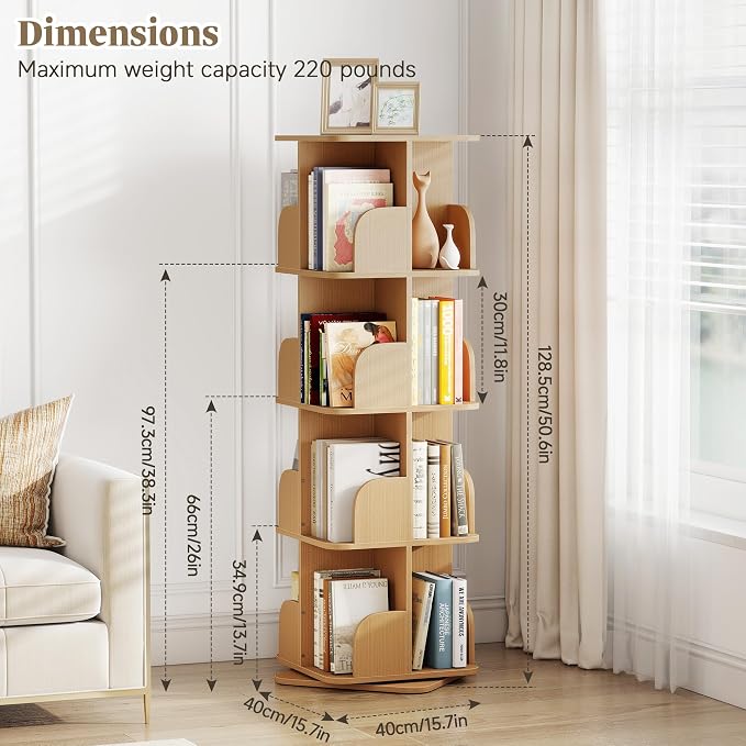 Turosur Rotating Bookshelf, 4 Tier Spinning Bookshelf Tower for Small Space, Kids Bookshelves 360 Display, Revolving Bookcase Floor Standing Storage Rack, Natural