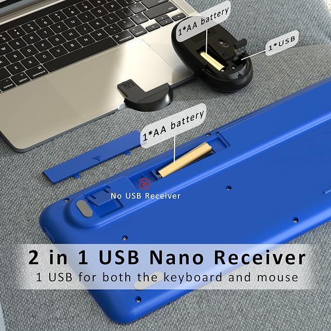 Colorful Wireless Keyboard and Mouse Combo, Retro Typewriter Style Round Keys, 2.4GHz Ergonomic Aesthetic Computer Keyboard with Wrist Rest for Mac, Windows, Laptop, PC(Klein Blue)