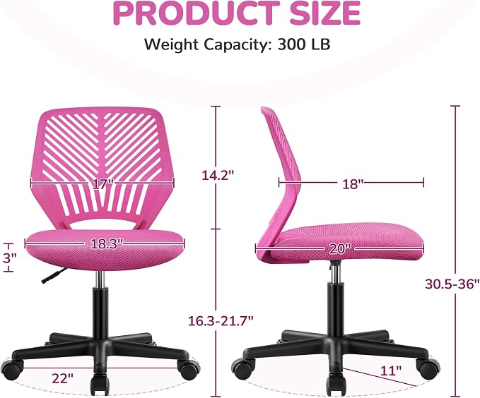 Topeakmart Armless Mesh Office Chair, Ergonomic Desk Chair with Adjustable Height & Support Lumbar, Adjustable Swivel Task Chair Rose Red
