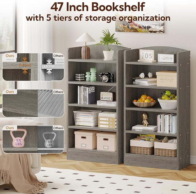 ALISENED 5-Tier Bookcase, Open Bookshelves and Bookcases with Storage Shelves, Floor Standing Unit, Display Storage Shelves for Bedroom Library Living Room Home Office, Gray