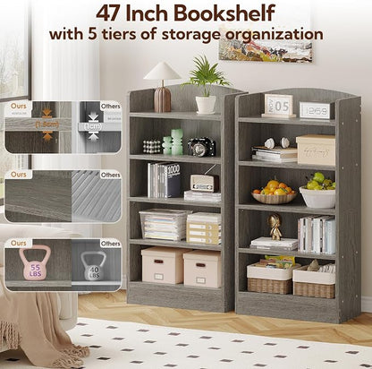 ALISENED 5-Tier Bookcase, Open Bookshelves and Bookcases with Storage Shelves, Floor Standing Unit, Display Storage Shelves for Bedroom Library Living Room Home Office, Gray