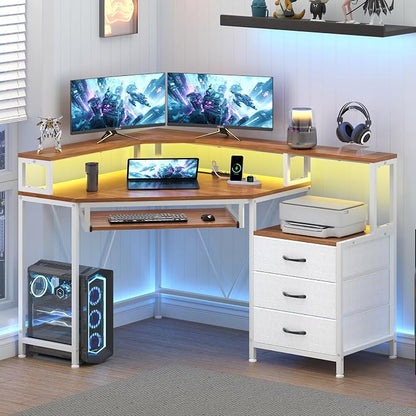 YOMILUVE Small Corner Desk with Drawers, Corner Gaming Desk with Power Outlets & Printer Shelf for Small Space, Triangle Computer Desk with LED Lights, Keyboard Tray and Monitor Stand, Brown and White