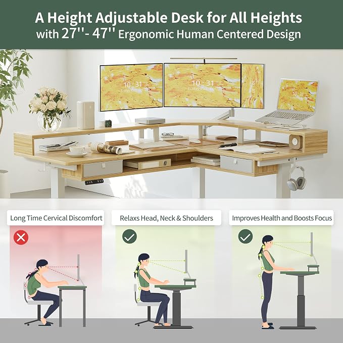 FEZIBO 63"x49" L Shaped Standing Desk with LED Strip & 2 Drawers, Upper and Lower Storage Shelves Available, Electric Height Adjustable, for Gaming, Office, Natural（2 Packages）