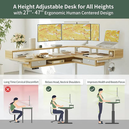 FEZIBO 63"x49" L Shaped Standing Desk with LED Strip & 2 Drawers, Upper and Lower Storage Shelves Available, Electric Height Adjustable, for Gaming, Office, Natural（2 Packages）