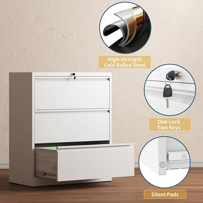 3 Drawer File Cabinet with Lock, Lateral Filing Cabinets,Metal Storage Filing Cabinets for Home Office, Heavy Duty File Cabinet for Letter/Legal/A4/F4 Size Amsseble Required, White