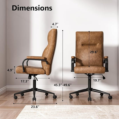 GXJ Brown Office Chair with Memory Foam Seat | 4.9'' Memory Foam Seat and 4.7'' Comfortable Backrest, High Back Leather Executive Chair with Wheels and Arms for Women