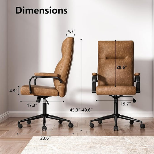 GXJ Brown Office Chair with Memory Foam Seat | 4.9'' Memory Foam Seat and 4.7'' Comfortable Backrest, High Back Leather Executive Chair with Wheels and Arms for Women