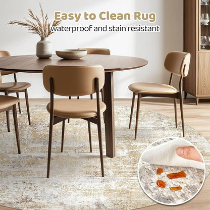 Round Rug Living Room Rugs: 5Ft Washable Circle Large Abstract Modern Soft Stain Resistant Non Slip Indoor Floor Carpet for Bedroom Nursery Office Dining Room Dorm Home House Decor- Gray Gold