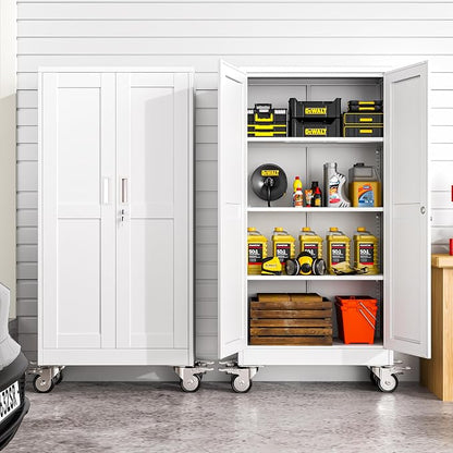 winiowa 61" Tall Metal Garage Storage Cabinet with Wheels, Steel Locking Rolling Tool Cabinet with 3 Adjustable Shelves for Garage,Home,Office (White)