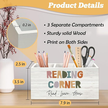 Boho Reading Corner Pen Holder Organizer for Desk Accessories, Boho Classroom Reading Wooden Box Desk Decorations for School Kids Room Bedroom Decor, Book Lovers Reader Bookish Gifts