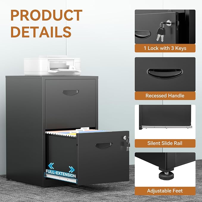 Polup 2 Drawer File Cabinet with Lock, Metal File Cabinets for Home Office, Two Drawer Locking Filing Cabinet, Small File Cabinet for Under Desk for Hanging Letter Size, Black, Assembly Required