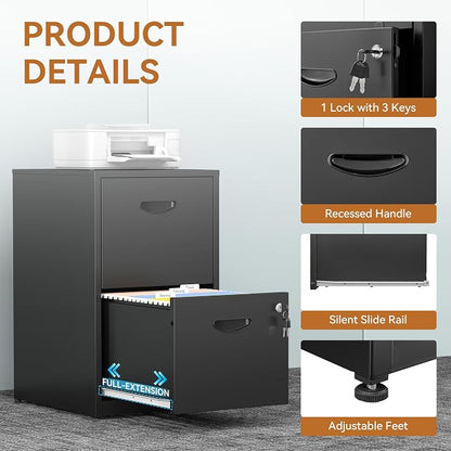 Polup 2 Drawer File Cabinet with Lock, Metal File Cabinets for Home Office, Two Drawer Locking Filing Cabinet, Small File Cabinet for Under Desk for Hanging Letter Size, Black, Assembly Required