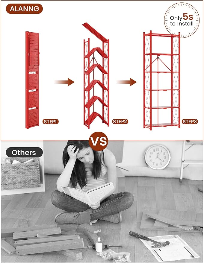 ALANNG 73.6 Inch Folding Bookshelf, 6 Tier Metal Bookcase and Bookshelves, Tall Shelves for Living Room Office Bedroom, Heavy Duty Book Shelve Free Standing Open (Red, 3PACK)
