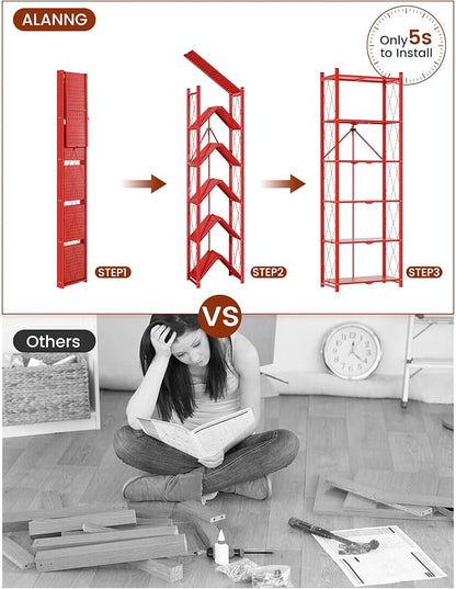 ALANNG 73.6 Inch Folding Bookshelf, 6 Tier Metal Bookcase and Bookshelves, Tall Shelves for Living Room Office Bedroom, Heavy Duty Book Shelve Free Standing Open (Red, 3PACK)