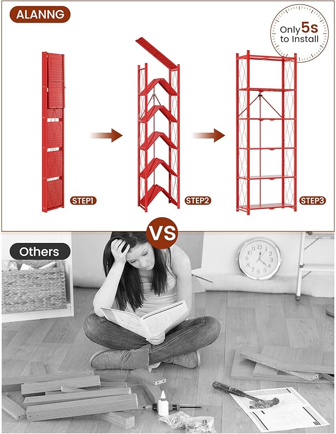 ALANNG 73.6 Inch Folding Bookshelf, 6 Tier Metal Bookcase and Bookshelves, Tall Shelves for Living Room Office Bedroom, Heavy Duty Book Shelve Free Standing Open (Red, 2PACK)