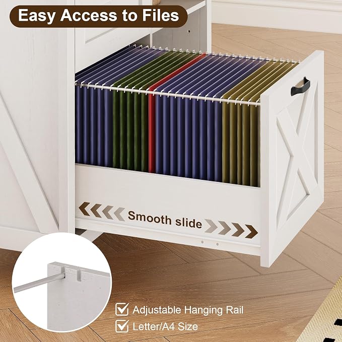 Halitaa 3 Drawer File Cabinet, Farmhouse Lateral Filing Cabinet Fits Files Letter or A4 Size, Wooden Printer Stand with Open Storage Adjustable Shelf for Home Office, White and Brown