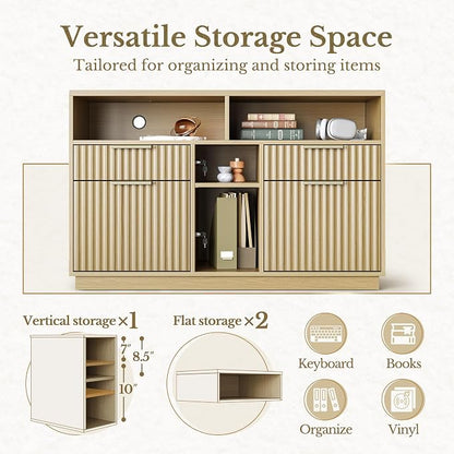 4 Drawer File Cabinet, Fluted Wood Lateral Filing Cabinet with Lock and Charging Station for Home Office, Printer Stand with Open Storage Shelves, Fits A4, Letter Size, Light Waulnut