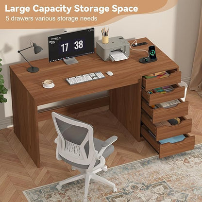 YOMILUVE 47 Inch Computer Desk with 5 Drawers and Power Outlets, Home Office Desks with Storage File Cabinet, Modern Simple Laptop Desk Writing Table for Small Spaces, Brown
