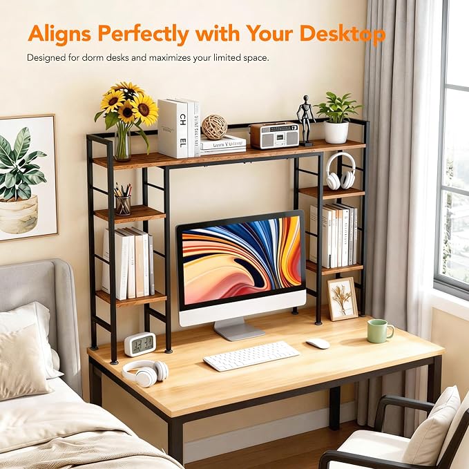 ZIFTY 39.4" Desktop Bookshelf Countertop Storage Hutch with 8 Shelves for Monitor up to 24", Large Desk Bookcase Organizer Display Shelf Rack for Computer Desk, Home Office Dorm Home Anti-tip Device