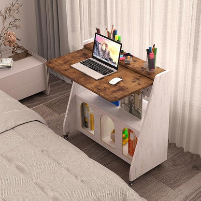 Pmnianhua Farmhouse Portable Desk on Wheels,Mobile Workstation,Rolling Computer Desk with Wheels and Storage for Home Office Small Space(Rustic Brown)