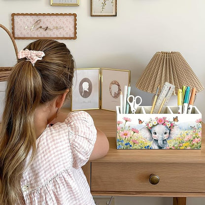 Elephant Pen Pencil Holder for Desk Accessories, Elephant Gifts for Women & Kids, Rustic Butterfly Flower Wild Animal Wooden Box Sign Decorations for Kids Room Home Office Desk Tabletop