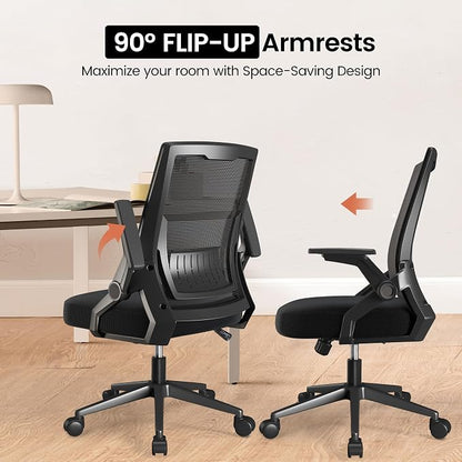 GTPOFFICE Ergonomic Office Chair, Computer Desk Chair Comfy with Adjustable Lumbar Support, Mid-Back Mesh Office Chair with Flip-up Armrest, Tilt Function Task Chair for Home, Bedroom, Gaming, Black
