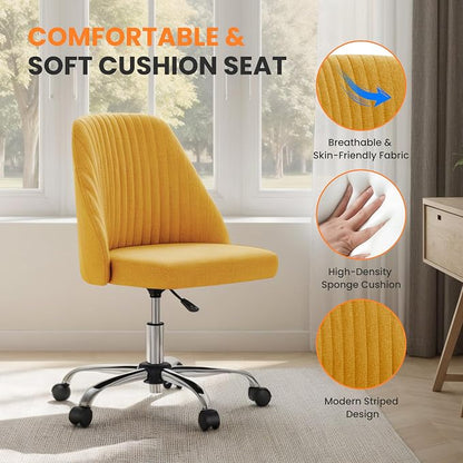 Simple Deluxe Armless Office Desk Chair, Modern Cute Swivel Vanity Chair Comfy Home Office Chairs with Wheels Height Adjustable Rolling Computer Task Stools for Living Room, Make-up, Bedroom, Yellow