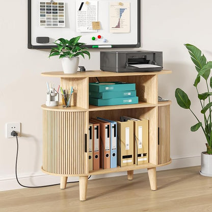 Fiogmub Round Printer Stand with Charging Station & USB Ports, 35.4 x15.7 x 30 Inches Large Printer Table 3 Tier with Storage Shelf for Home Office (Oak)