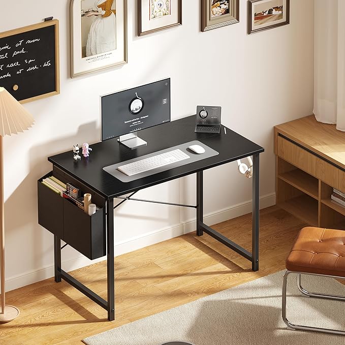 OLIXIS Small Computer Desk, 40 Inch Home Office Desks, Writing Study Craft Work Gaming Table, Computer Workstation for Bedroom Small Spaces with Storage Bag and Headphone Hook, Black