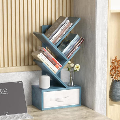 SHEEPAM Small Book Shelf with Drawer,4 Tier Black Tree Bookshelf,Blue Desktop Bookcase,Modern Desk Display Storage Bookshelves,Floor Standing Organizer Bookcases for Living Room,Bedroom,Office