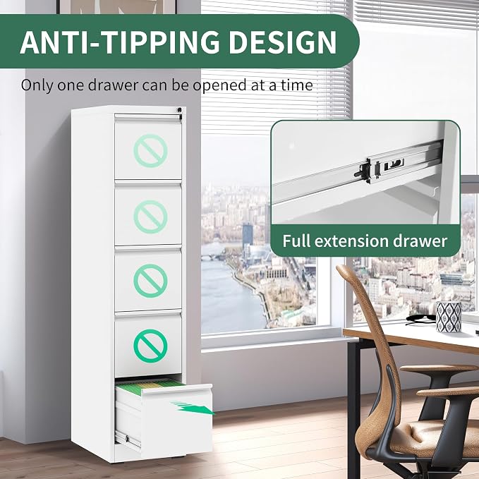 5 Drawer File Cabinet, Vertical File Cabinets with Lock for Home Office,Heavy Duty Office Steel Filing Cabinet for Hanging Letters/Legal/A4, Assembly Required (White)