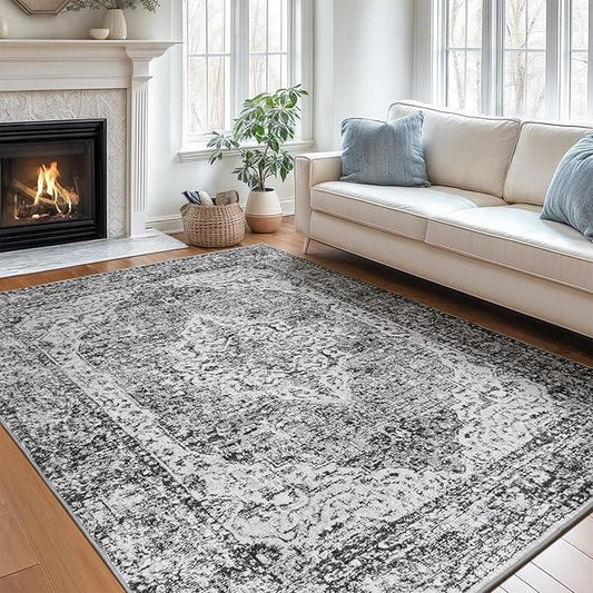 Lofus 5x7 Area Rugs for Living Room, Washable Area Rug, Rugs for Bedroom, Kitchen, Vintage Boho Carpet, Soft Non-Slip, Low Pile Large Area Rug for Office Dining Room, Vintage Dark Grey