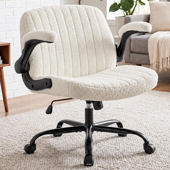 DUMOS Criss Cross Home Office Chair with Wheels, Wide Cross Legged Desk Vanity Chair Comfy Fabric Flip-Up Armrests Adjustable Swivel Chairs for Home Computer Bedroom, Beige