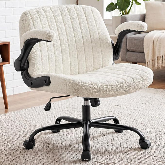 DUMOS Criss Cross Home Office Chair with Wheels, Wide Cross Legged Desk Vanity Chair Comfy Fabric Flip-Up Armrests Adjustable Swivel Chairs for Home Computer Bedroom, Beige