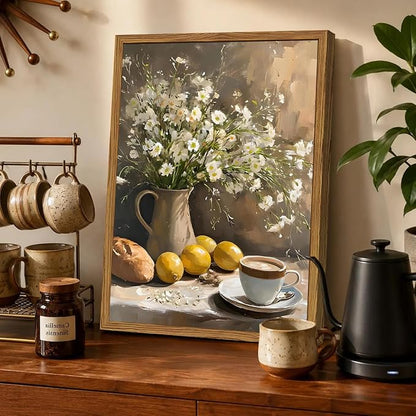 Framed Vintage Kitchen Wall Art, Rustic Floral Lemon Pictures Wall Decor, Cottagecore Coffee Bread Still Life Paintings Canvas Prints Farmhouse Home Decor for Dining Room Living Room 16x24 inch